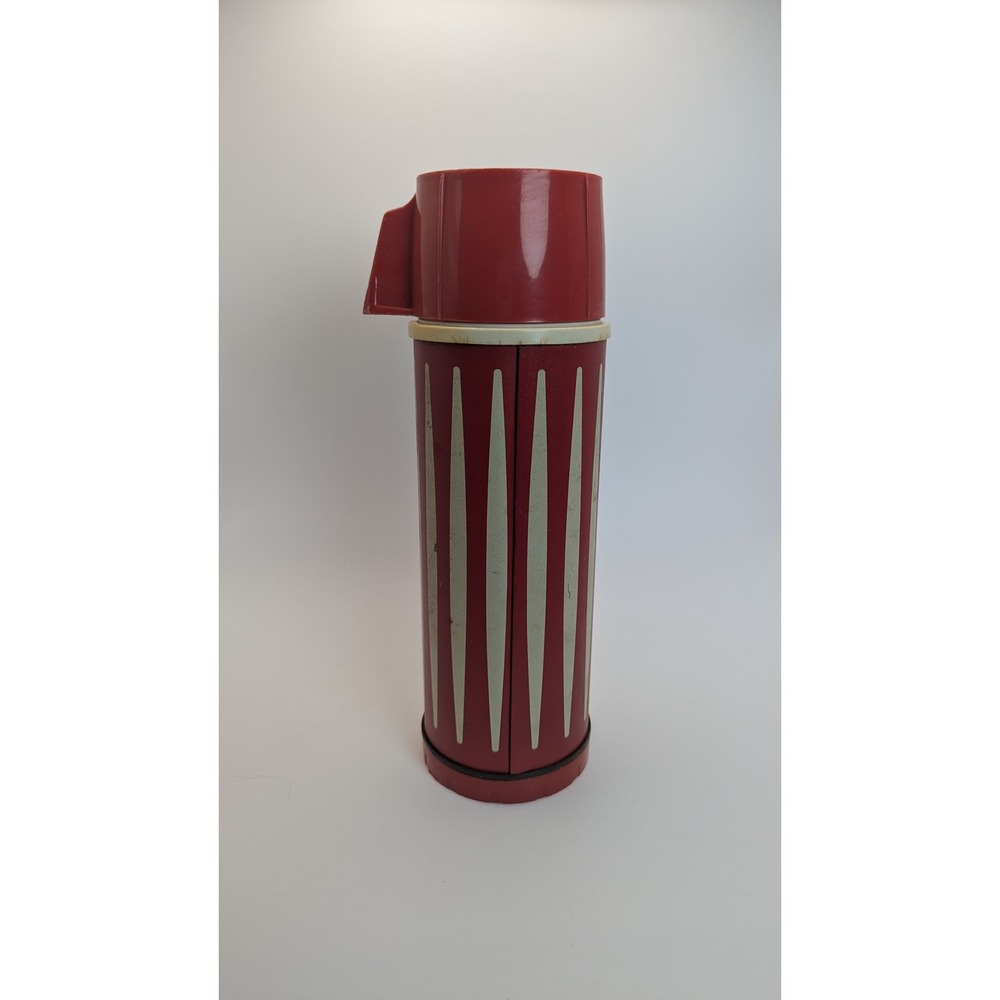 Vintage‎ Universal Vacuum Thermos Red Cream Striped Pint Flask MCM Made in USA